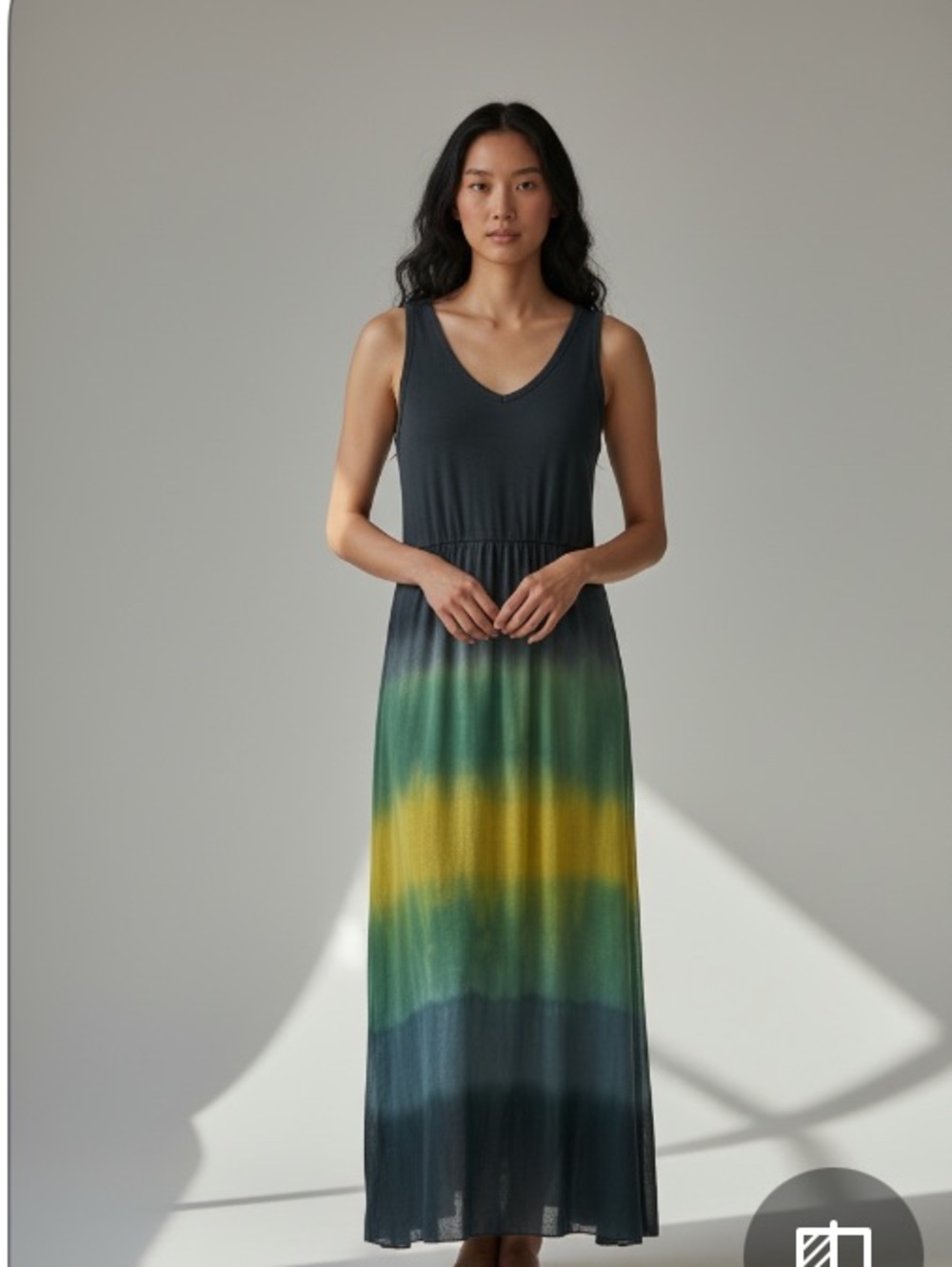 Sleeveless V-Neck Ombre Maxi Dress in Dark Gray, Green & Yellow size small